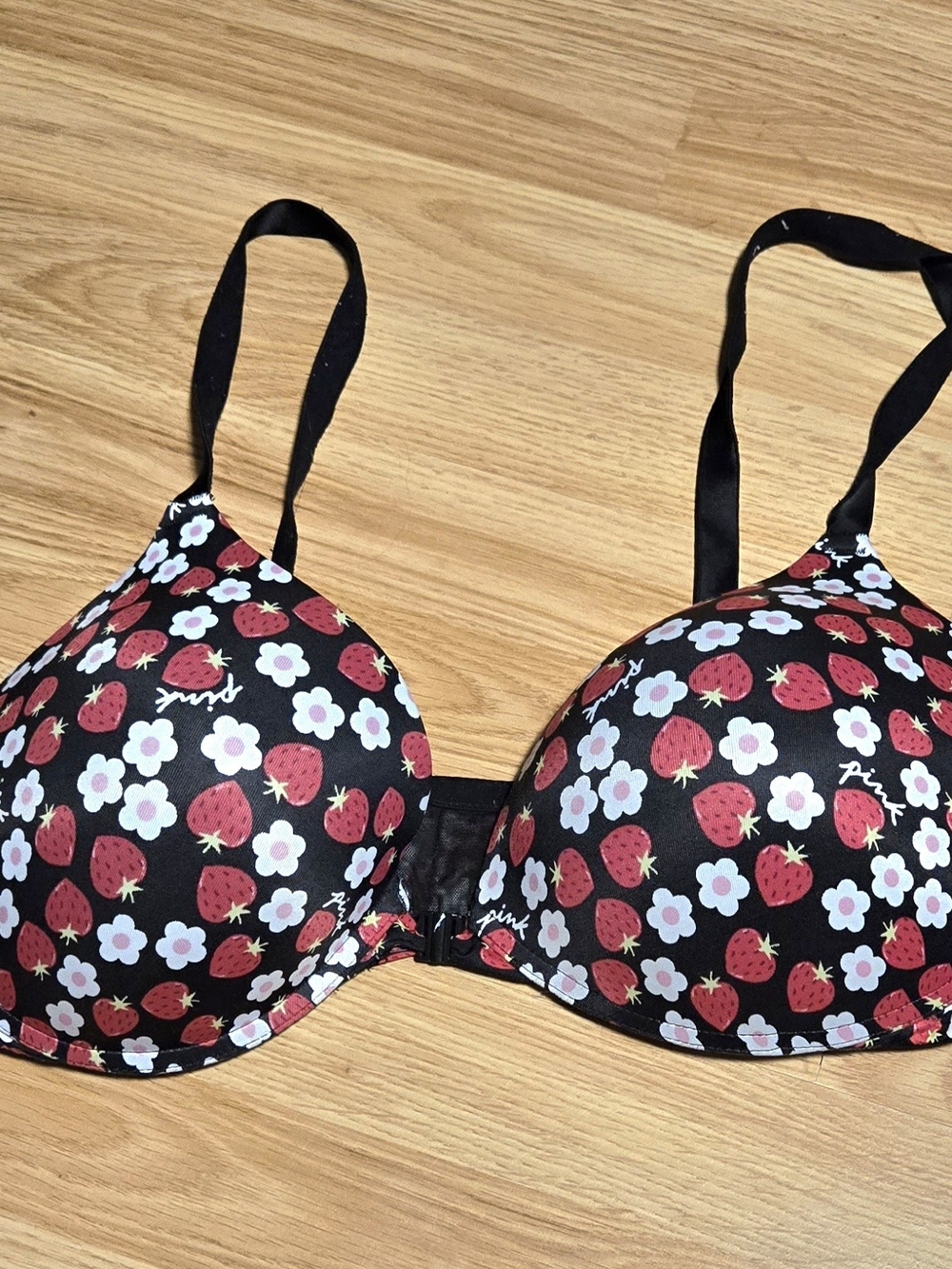 Victoria's Secret Black Bra with Red Strawberry & White Daisy Print
